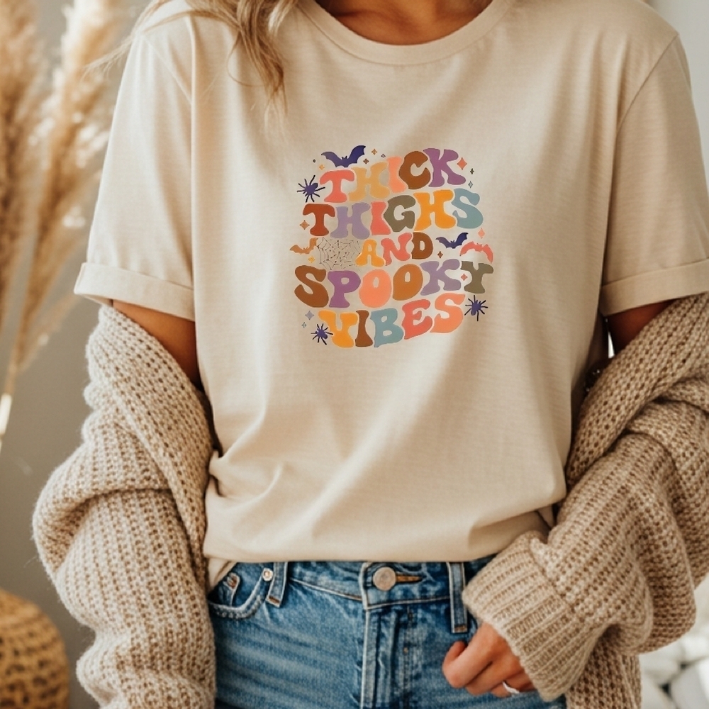 NEW! Fall Thick Thighs And Spooky Vibes Natural T Shirt